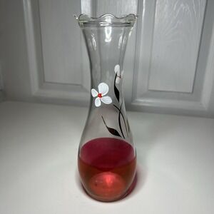Vtg Bartlett Collins Hand-Painted Clear Glass Vase Ruffled Rim White‎ Red Floral